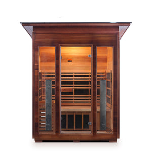 Enlighten Sauna Infrared/Traditional DIAMOND Outdoor Slope Roofed three person sauna Canadian Red Cedar Wood with glass door and windows front view