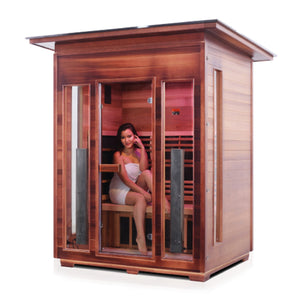 Enlighten Sauna Infrared/Traditional DIAMOND Outdoor Slope Roofed three person sauna Canadian Red Cedar Wood with glass door and windows with young woman model isometric view