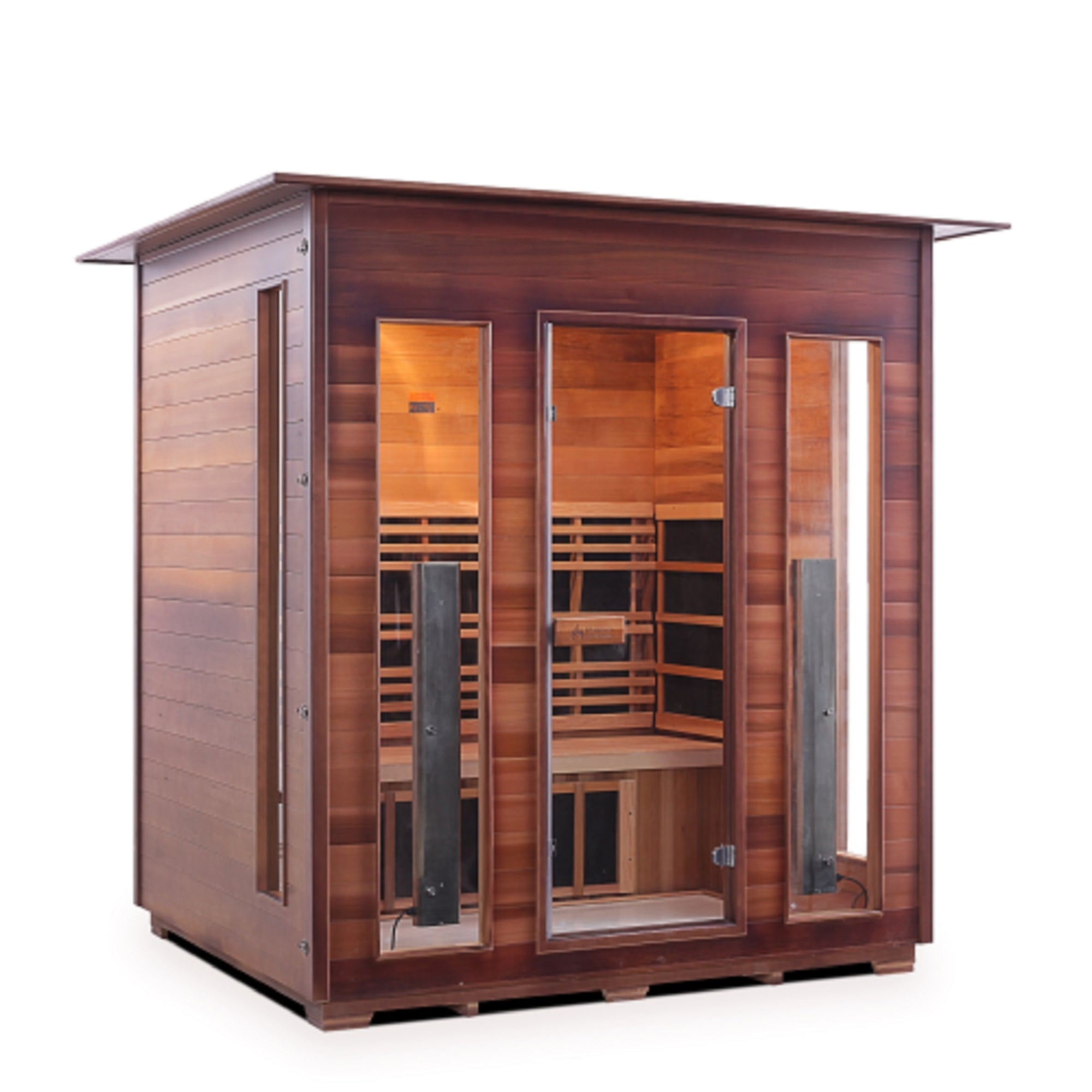 Enlighten Sauna Infrared/Traditional DIAMOND Canadian Red Cedar Wood Outside And Inside indoor Roofed four person sauna with glass door isometric view