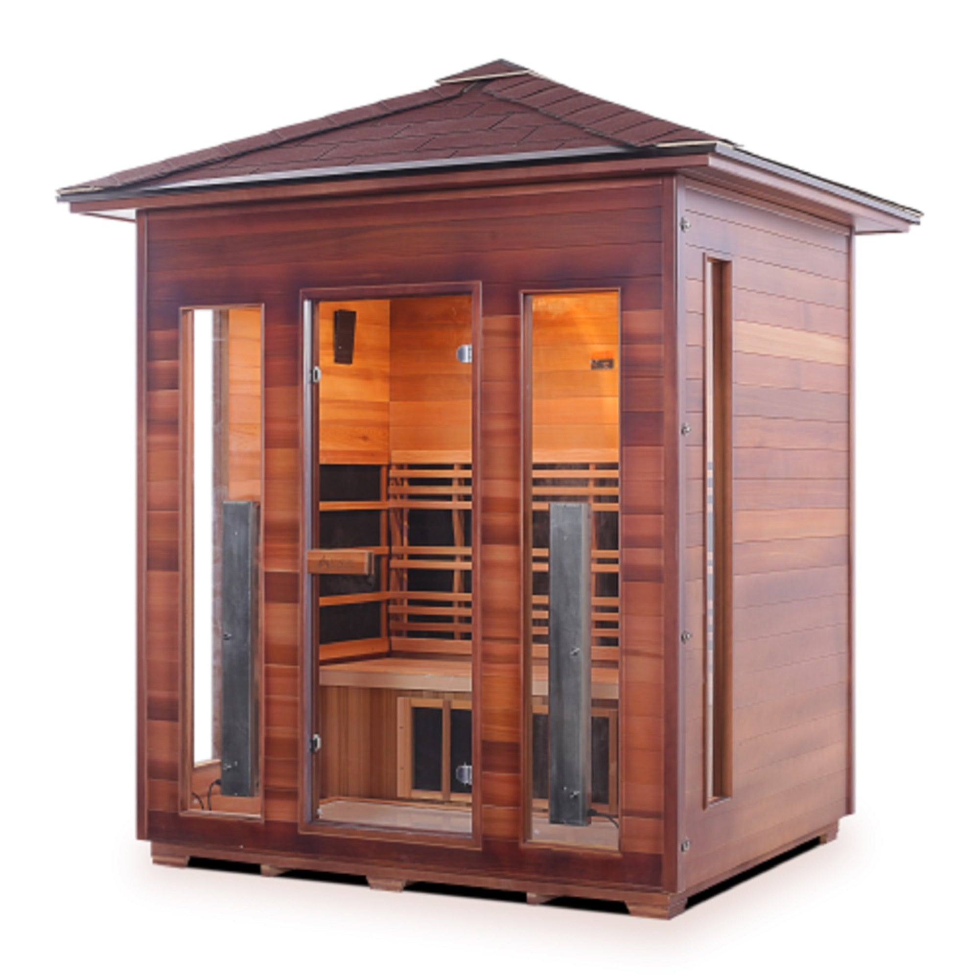Enlighten sauna Infrared and Dry Traditional Hybrid Diamond 4 Person Outdoor Canadian natural red cedar wood Double Roof ( Flat Roof + peak roof) with glass door and windows front view