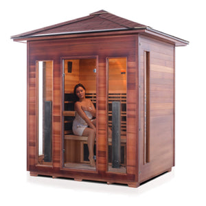 Enlighten sauna Infrared and Dry Traditional Hybrid Diamond 4 Person Outdoor Canadian natural red cedar wood Double Roof ( Flat Roof + peak roof) with glass door and windows with young woman model isometric view