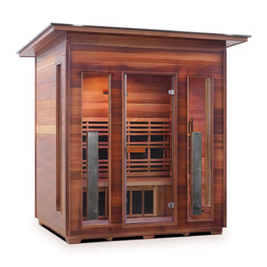 Enlighten sauna Infrared and Dry Traditional Hybrid Diamond 4 Person Outdoor Canadian natural red cedar wood Double Roof ( Flat Roof + slope roof) with glass door and windows isometric view