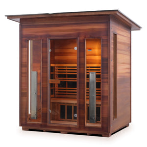 Enlighten sauna Infrared and Dry Traditional Hybrid Diamond 4 Person Outdoor Canadian natural red cedar wood Double Roof ( Flat Roof + slope roof) with glass door and windows isometric view