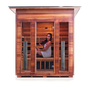 Enlighten sauna Infrared and Dry Traditional Hybrid Diamond 4 Person Outdoor Canadian natural red cedar wood Double Roof ( Flat Roof + slope roof) with glass door and windows with young woman model front view