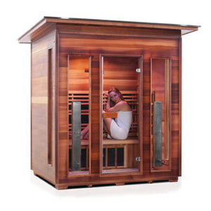 Enlighten sauna Infrared and Dry Traditional Hybrid Diamond 4 Person Outdoor Canadian natural red cedar wood Double Roof ( Flat Roof + slope roof) with glass door and windows with young woman model isometric view