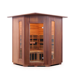 Enlighten Sauna Infrared/Traditional DIAMOND Canadian Red Cedar Wood Outside And Inside indoor Roofed four person corner location sauna with glass door front view