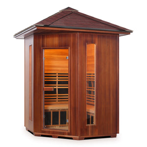Enlighten Sauna Infrared/Traditional DIAMOND Canadian Red Cedar Wood Outside And Inside Outdoor peak Roofed four person corner location sauna with glass door isometric view