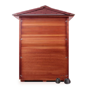 Enlighten Sauna Infrared/Traditional DIAMOND Outdoor Canadian Red Cedar Wood peak Roofed four person sauna rear view