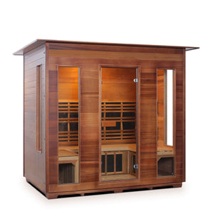 Enlighten Sauna Infrared/Traditional DIAMOND Canadian Red Cedar Wood Outside And Inside indoor Roofed five person sauna with glass door and windows isometric view