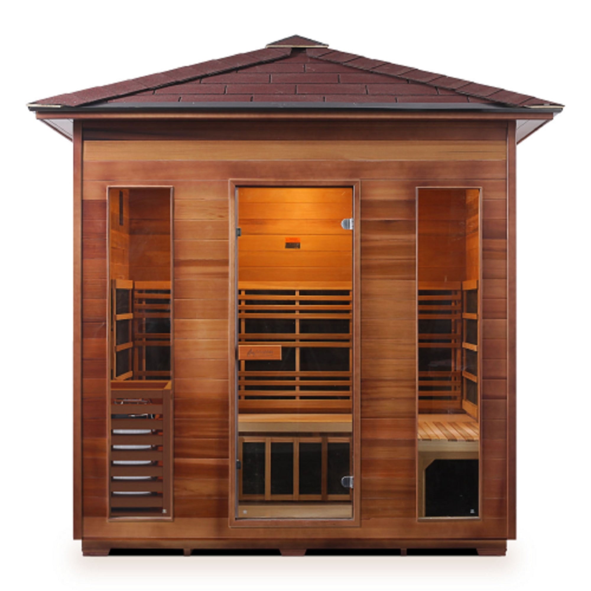 Enlighten sauna Infrared and Dry Traditional Hybrid Diamond 5 Person Outdoor Canadian Red Cedar Wood Outside And Inside Double Roof ( Flat Roof + peak roof) with glass door and windows front view