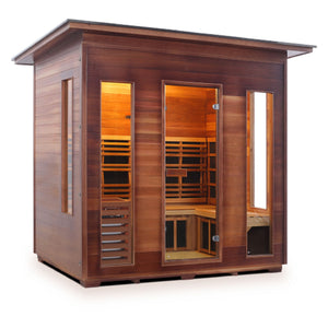 Enlighten sauna Infrared and Dry Traditional Hybrid Diamond 5 Person Outdoor Canadian Red Cedar Wood Outside And Inside Double Roof ( Flat Roof + slope roof) with glass door and windows isometric view