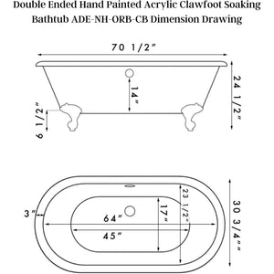 Cambridge Plumbing Double Ended Hand Painted Acrylic Clawfoot Soaking Bathtub  - Dimension Drawing - Vital Hydrotherapy