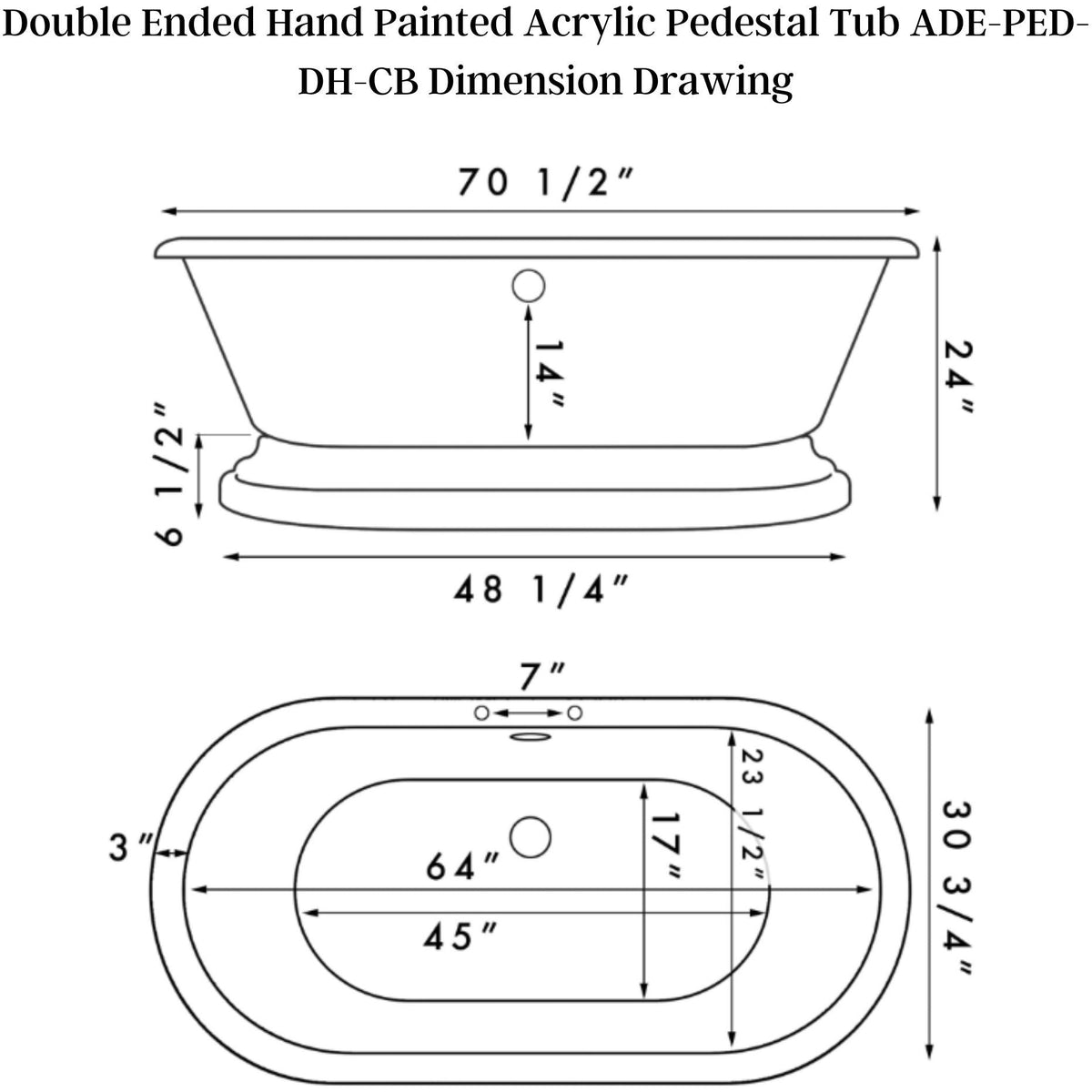 Cambridge Plumbing Double Ended Hand Painted Acrylic Pedestal Tub  - Dimension Drawing - Vital Hydrotherapy