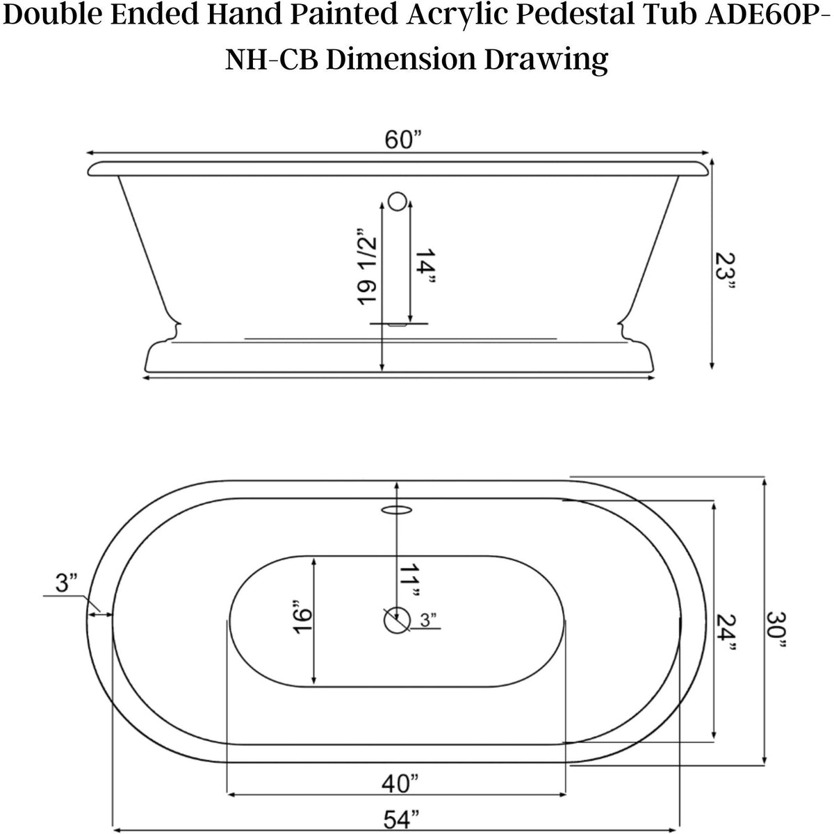 Cambridge Plumbing Double Ended Hand Painted Acrylic Pedestal Tub - Dimension Drawing - Vital Hydrotherapy