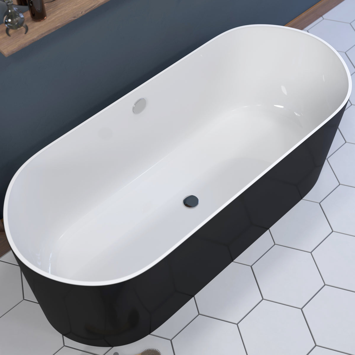 Cambridge Plumbing 71-Inch Double Ended Black and White Engineered Stone Free Standing Soaking Tub with Chrome Drain ES-FSDE71-B-CP - Vital Hydrotherapy