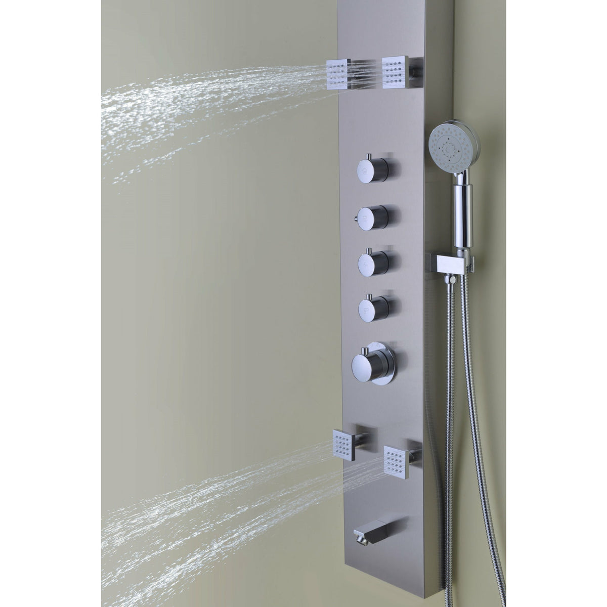 Anzzi Echo 63.5 Inches Full Body Shower Panel with Acu-stream Body Massage Jets, Shower Control Knobs and Euro-Grip Free Range Hand Sprayer in Brushed Stainless Steel SP-AZ022 - Vital Hydrotherapy