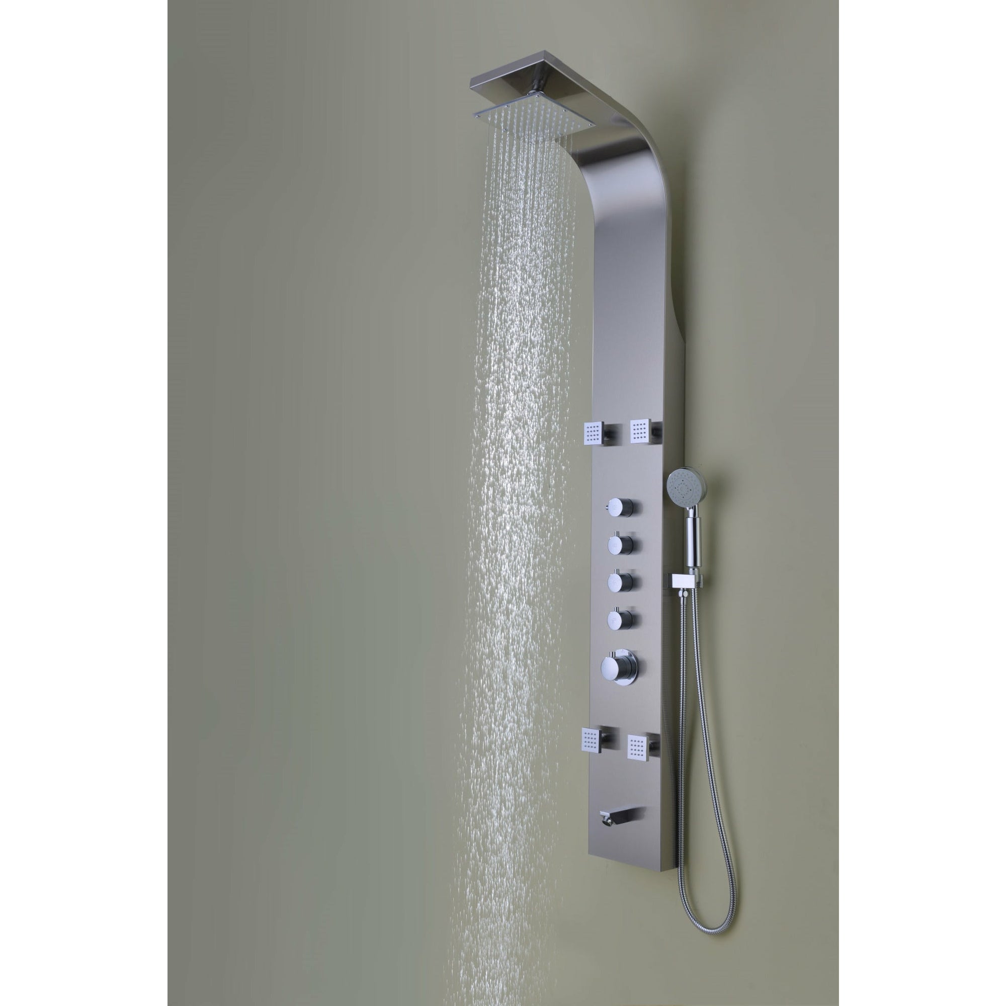 Anzzi Echo 63.5 Inches Full Body Shower Panel with Swiveling Heavy Rain Shower Head, Acu-stream Body Massage Jets, Shower Control Knobs and Euro-Grip Free Range Hand Sprayer in Brushed Stainless Steel SP-AZ022 - Vital Hydrotherapy