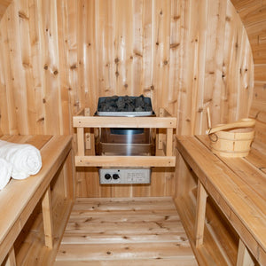 Dundalk Canadian Timber Harmony 4 Person White Cedar Sauna CTC22W - with Saaku Heater and cask&spoon inside - Inside view - Vital Hydrotherapy