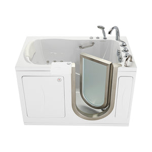 Ella Elite 30"x52" Acrylic Hydro + Heat Massage Walk-In Bathtub with Right Brushed stainless steel and frosted tempered glass door and Swing Door, 5 Piece Fast Fill Faucet, 2" Dual Drain, 2 overflows, two 5 ft. incoming supply lines and 2 drain elbows, 2 stainless steel grab bars, 360° swivel tray, Detachable wide backrest in a white background.