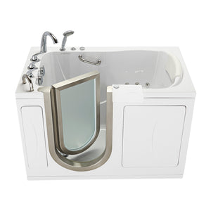 Ella Elite 30"x52" Acrylic Hydro Massage Walk-In Bathtub with Brushed stainless steel and frosted tempered glass door and Left Swing Door, 5 Piece Fast Fill Faucet, 2" Dual Drain, 2 overflows, two 5 ft. incoming supply lines and 2 drain elbows, 2 stainless steel grab bars, 360° swivel tray, Detachable wide backrest in a white background.