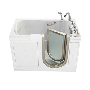 Ella Royal 32"x52" Acrylic Soaking Walk-In-Bathtub, Right Inward Swing Door, 5 Piece Fast Fill Faucet, 2" Dual Drain, 24” wide seat, 2 stainless steel grab bars, 360° swivel tray, Brushed stainless steel and frosted tempered glass door in a white background