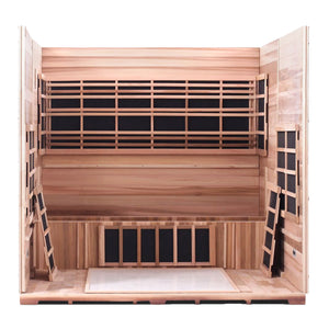 Enlighten Sauna InfraNature Original Infrared Sierra 8 Person Outdoor Low EMF Sauna - Canadian Cedar - Carbon Heaters - Interior View - Vital Hydrotherapy