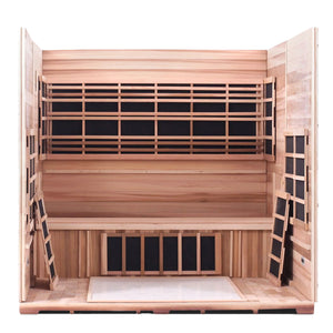 Enlighten Sauna Infrared and Dry Traditional Hybrid Sapphire 8 Person Outdoor Low EMF Sauna - Canadian Cedar - Carbon Heaters - Interior View - Vital Hydrotherapy