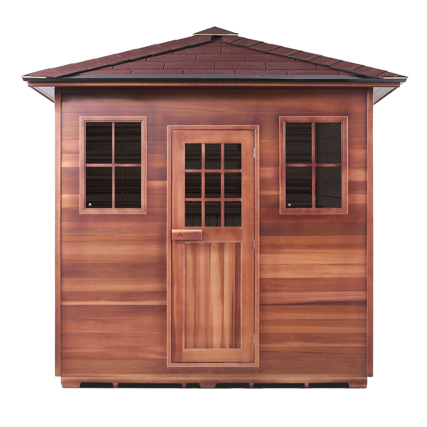 Enlighten Sauna SaunaTerra Dry Traditional MoonLight 8 Person Outdoor Sauna - Canadian Cedar - Carbon Heaters - Glass Door and Window - Peak Roof - Vital Hydrotherapy