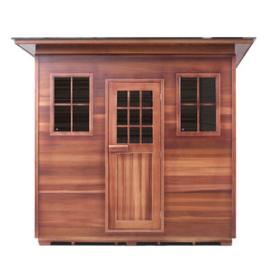 Enlighten Sauna SaunaTerra Dry Traditional MoonLight 8 Person Outdoor Sauna - Canadian Cedar - Carbon Heaters - Glass Door and Window - Slope Roof - Vital Hydrotherapy