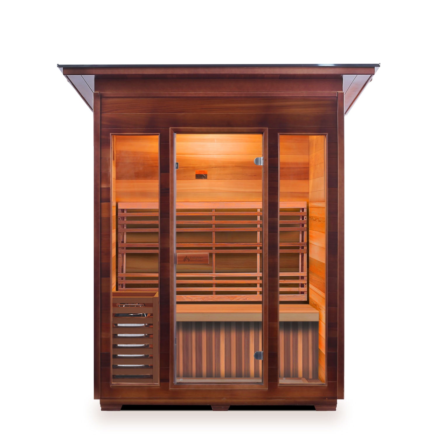 Enlighten sauna SaunaTerra Dry Traditional SunRise 3 Person Canadian Red Cedar Wood Indoor roofed with glass door and windows front view