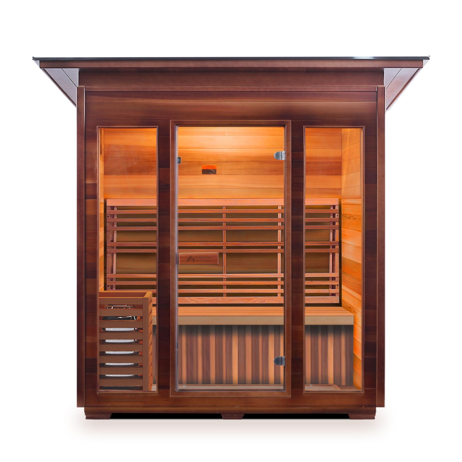 Enlighten sauna SaunaTerra Dry Traditional SunRise 4 Person Indoor Sauna Canadian Red Cedar Wood Outside And Inside with glass door and windows front view
