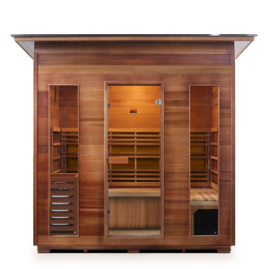 Enlighten sauna SaunaTerra Dry Traditional SunRise 5 Person Indoor Canadian Red Cedar Wood Outside And Inside with glass door and windows front view