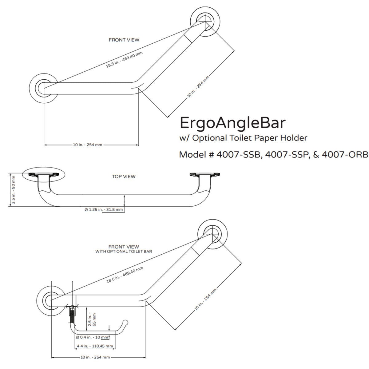 PULSE Ergo Angle Bar 4007 Specification Drawing - Vital Hydrotherapy