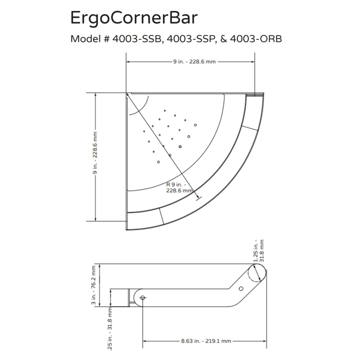 PULSE Ergo Corner Bar 4003 Specification Drawing - Vital Hydrotherapy