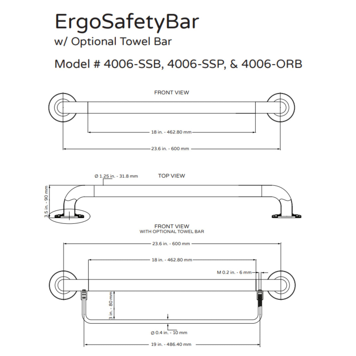 PULSE Ergo Safety Bar Stainless Steel 4006 Specification Drawing - Vital Hydrotherapy