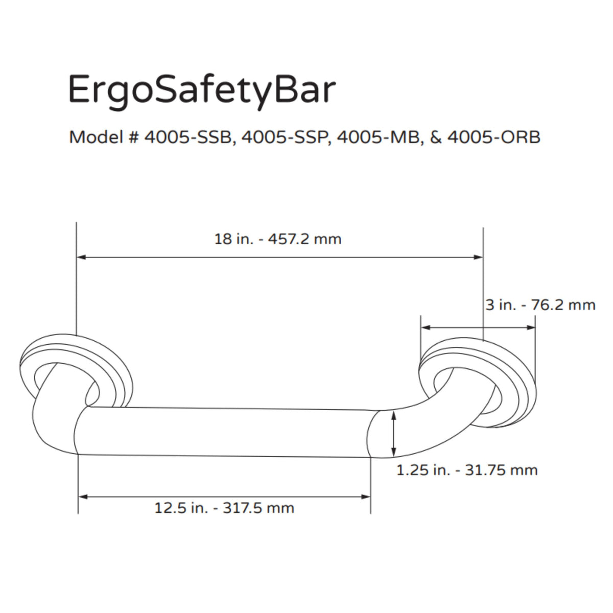 PULSE Ergo Safety Bar 4005 Specification Drawing - Vital Hydrotherapy
