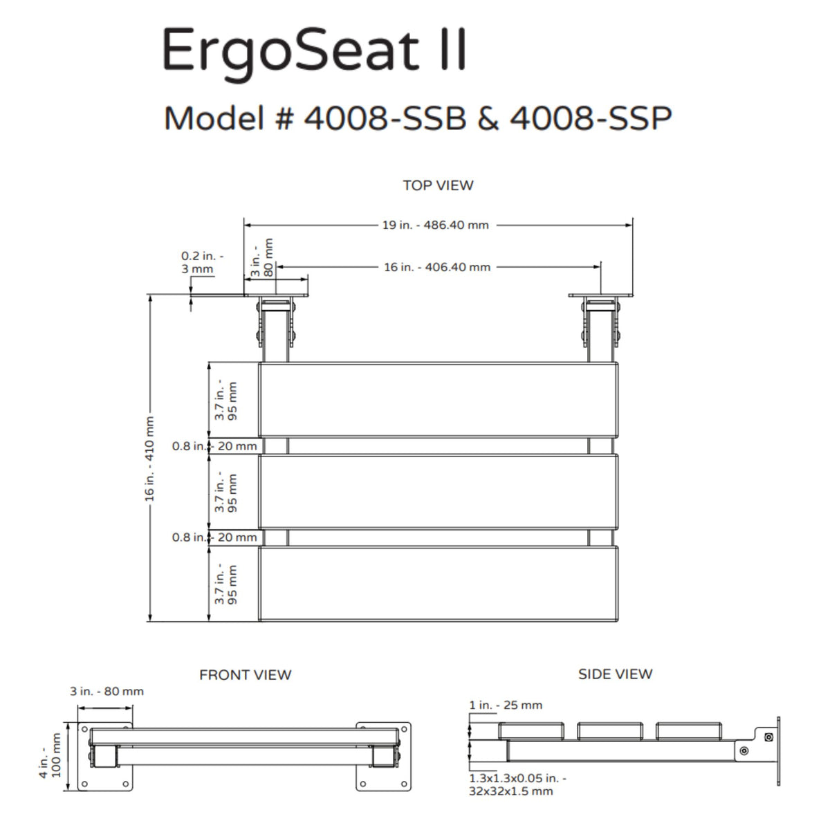 PULSE Ergo Seat II 4008-SS Specification Drawing - Vital Hydrotherapy