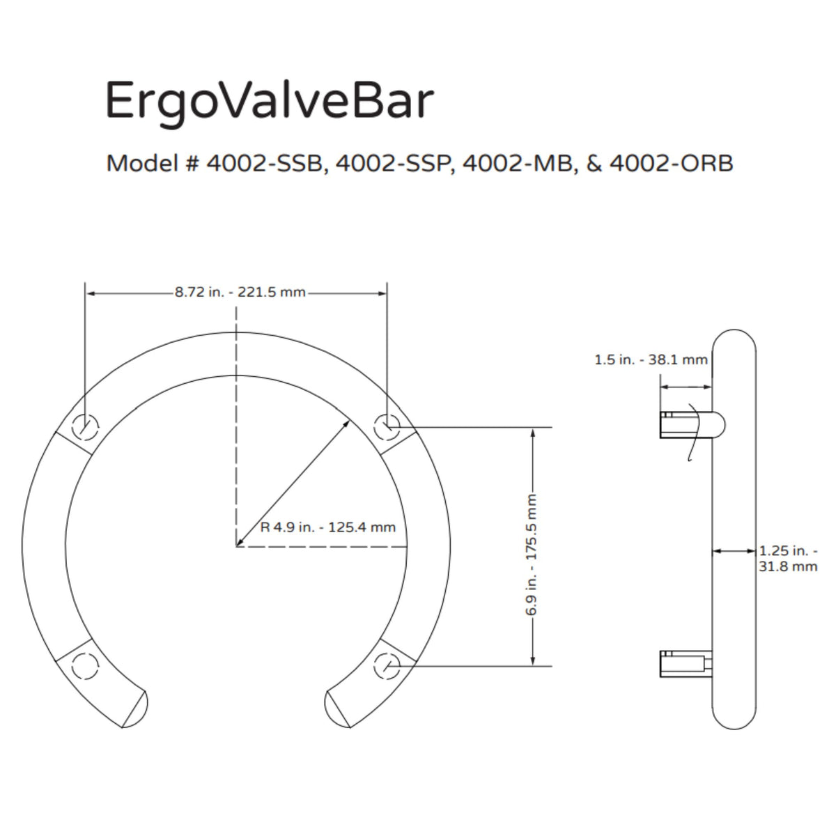 PULSE Ergo Valve Bar 4002 Specification Drawing - Vital Hydrotherapy