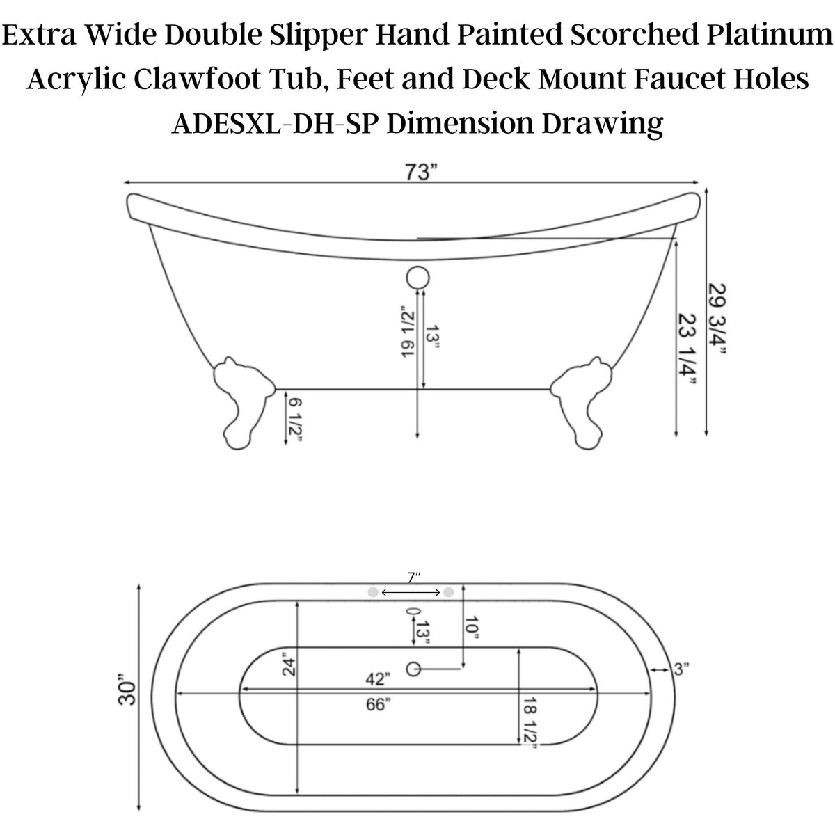 Cambridge Plumbing Extra Wide Double Slipper Hand Painted Scorched Platinum Acrylic Clawfoot Tub Dimension Drawing