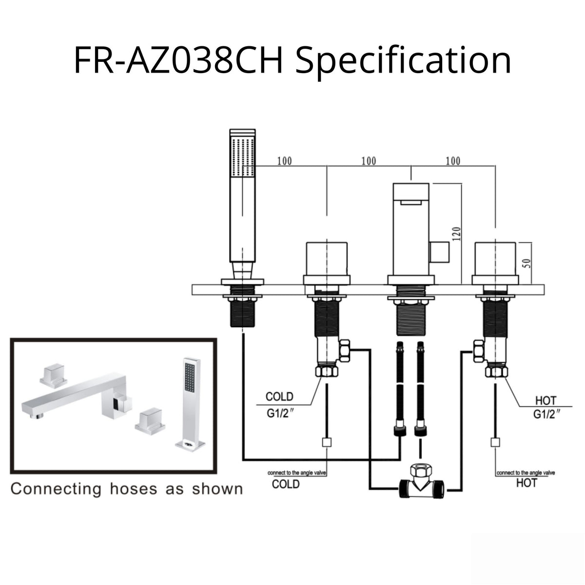 Anzzi Vernal 2-Handle Deck-Mount Roman Tub Faucet Specification Drawing