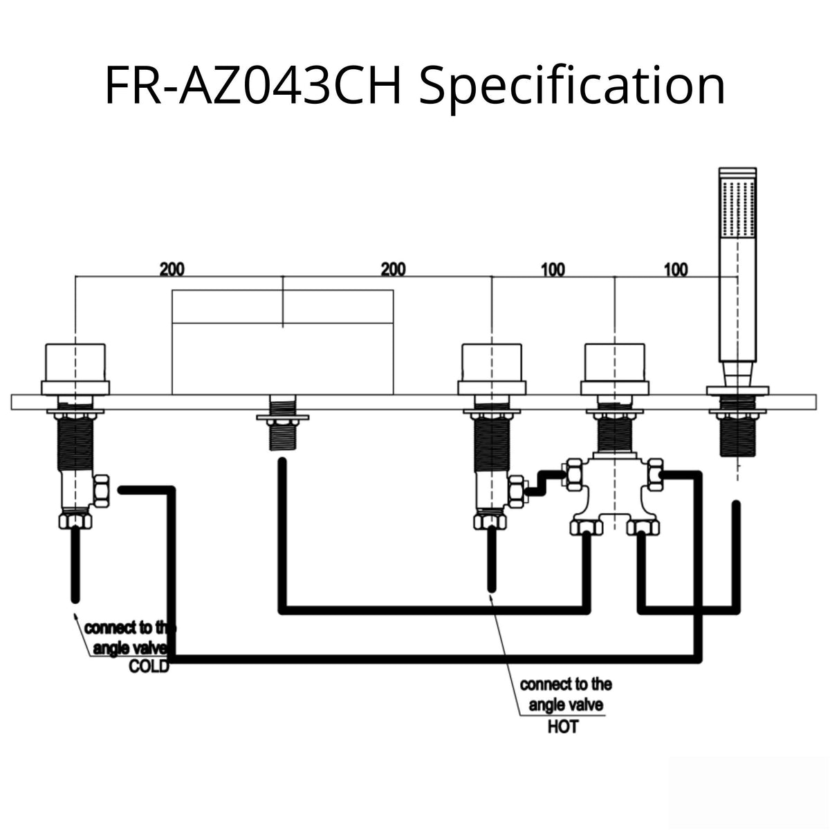 Anzzi Della 3-Handle Deck-Mount Roman Tub Faucet in Chrome FR-AZ043CH - Specification Drawing