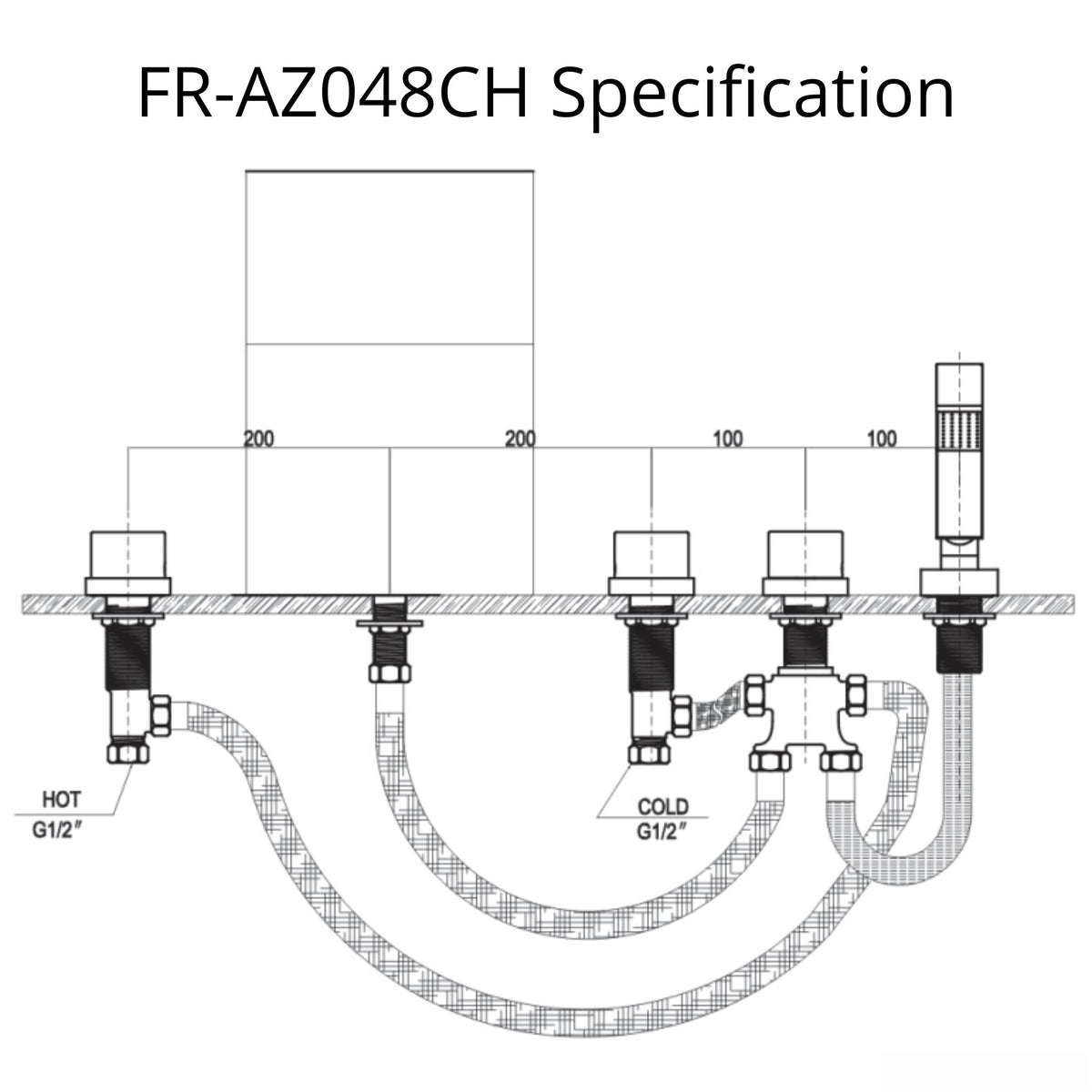 Anzzi Ribbon 3-Handle Deck-Mount Roman Tub Faucet in Chrome - Specification Drawing