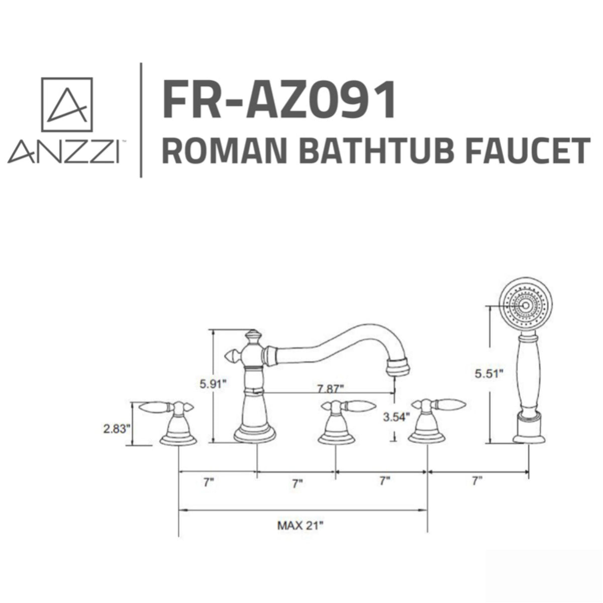 Anzzi Patriarch 2-Handle Deck-Mount Roman Tub Faucet with Handheld Sprayer - Specification Drawing - Vital Hydrotherapy