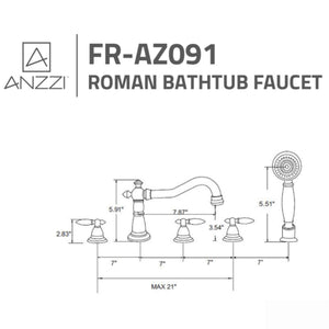 Anzzi Patriarch 2-Handle Deck-Mount Roman Tub Faucet with Handheld Sprayer - Specification Drawing - Vital Hydrotherapy
