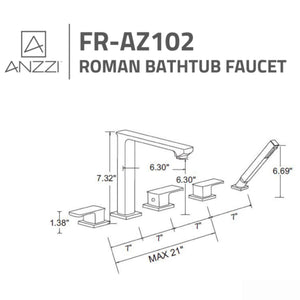 Anzzi Shore 3-Handle Deck-Mount Roman Tub Specification Drawing