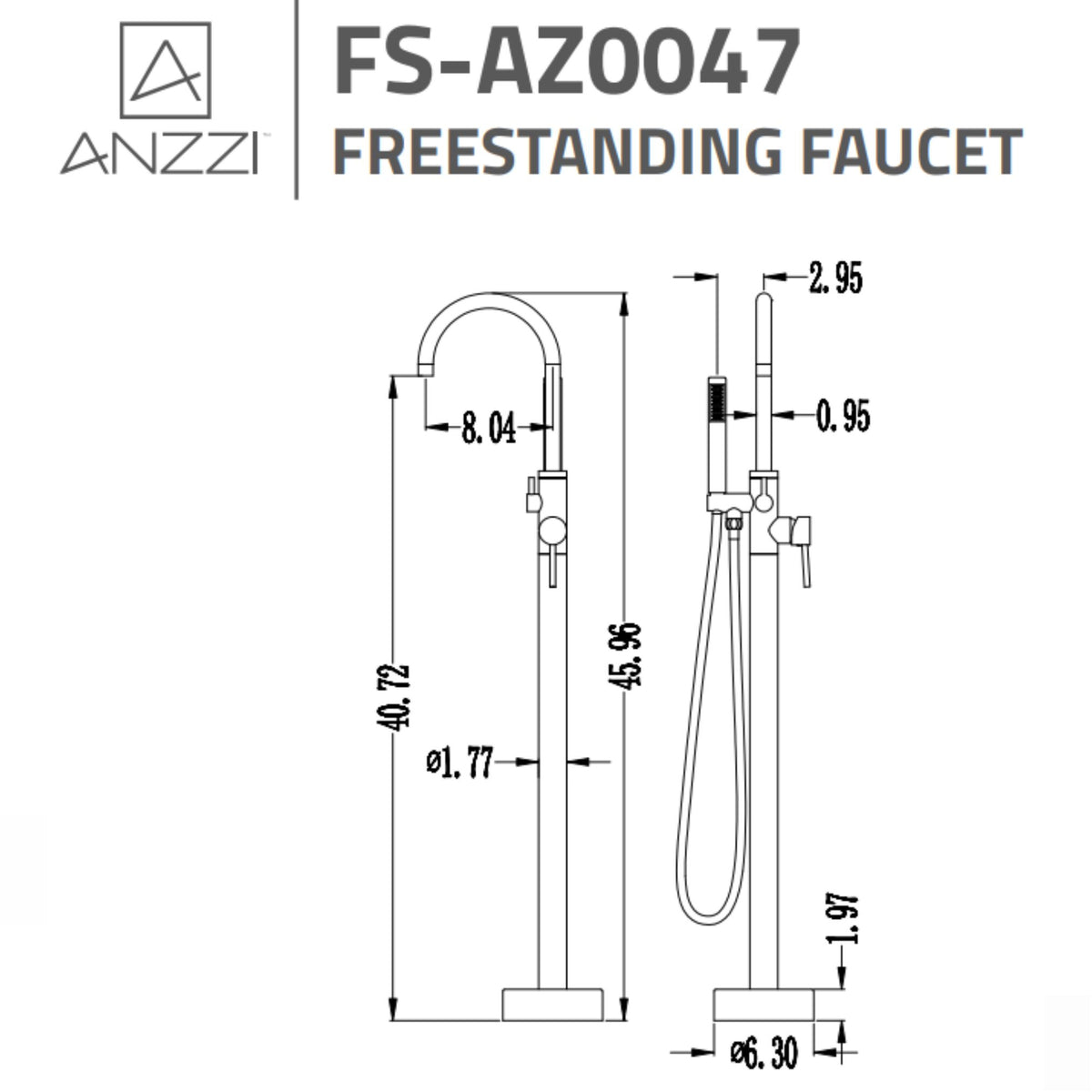 Anzzi Coral Series 2-Handle Freestanding Claw Foot Tub Faucet with Hand Shower Specification Drawing- Vital Hydrotherapy