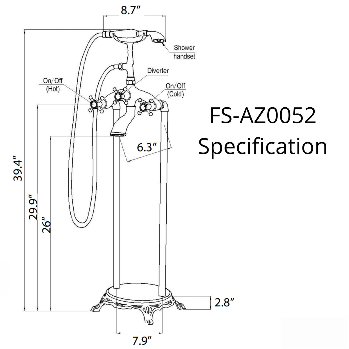 Anzzi Tugela 3-Handle Claw Foot Tub Faucet with Hand Shower Specification Drawing - Vital Hydrotherapy