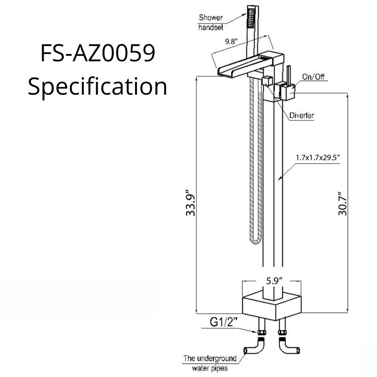 Anzzi Union 2-Handle Claw Foot Tub Faucet with Hand Shower Specification Drawing - Vital Hydrotherapy