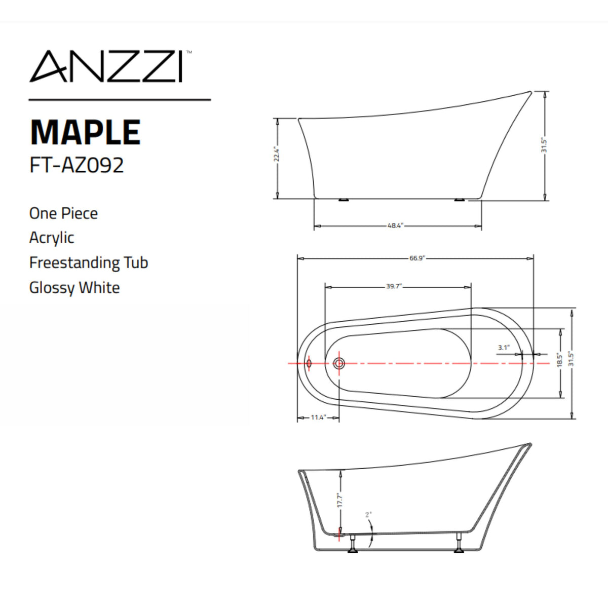 Anzzi Maple 67 in. Acrylic Flatbottom Non-Whirlpool Bathtub FTAZ092 - Specification Drawing - Vital Hydrotherapy