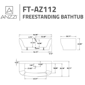 Anzzi Bank 64.9 in. Acrylic Flatbottom Bathtub Specification Drawing FTAZ112-0052B - Vital Hydrotherapy